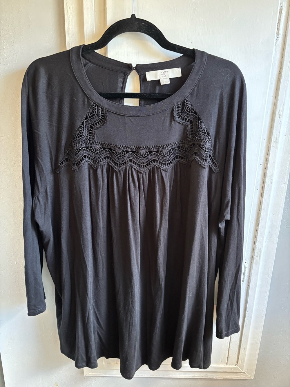 LOFT Black Long Sleeve Crochet Yoke Tee